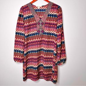 Miami Womens Multicolored Shift Dress Large Boho VNeck Embroidery Puff Sleeve